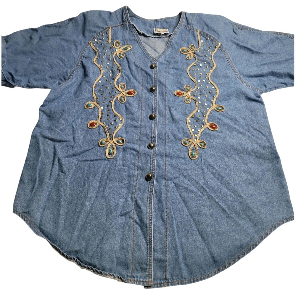 Vintage Monique Fashions Women's 2XL Denim Embellished Shirt‎ 100% Cotton